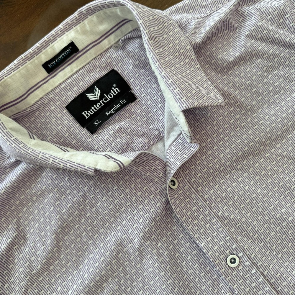 Buttercloth Shirt Mens XL Purple Geometric Dress Icy Cotton Stretch Long Sleeve